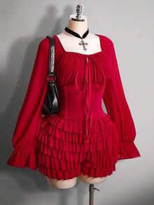 SHEIN ICON Bộ đồ đôi cỡ lớn phong cách Y2K gợi cảm gồm áo lưới cổ vuông nhún bèo tay phồng và quần short mini xếp tầng, màu đỏ rượu vang, thích hợp cho buổi hẹn hò ngày Valentine. - Màu Đỏ Sâu - Xem 6