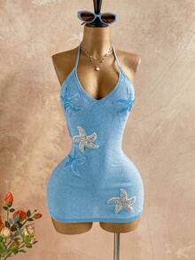 Soleia Vestido mini de escote cuadrado, ajustado y con lentejuelas con forma de estrella de mar, estilo vacacional, sexy y encantador, adecuado para primavera/verano - Celeste - Ver 3