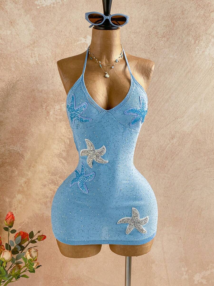 Soleia Vacation Style Sequin Starfish Bodycon Square Neck Mini Dress, Sexy & Charming, Suitable For Spring/Summer - Baby Blue - View 1