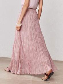 ZEYLAH Women's Solid Color Asymmetrical Hem Pleated A-Line Midi Skirt, Spring - Pink - View 2