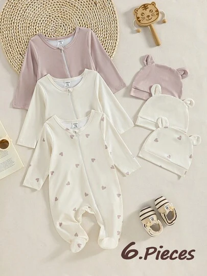 3件套新生儿长袖连体衣，简约爱心印花信封领舒适套装，适合可爱新生儿和婴儿休闲穿着