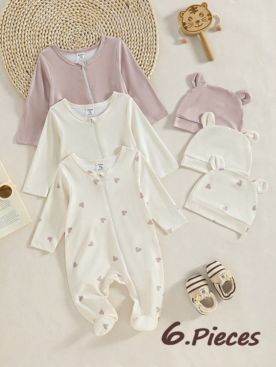 3pcs/Set Newborn Long Sleeve Footed Jumpsuit, Minimalist Heart Full Print Envelope Collar Comfortable Outfit Set, Suitable For Cute Newborn & Infant Casual Wear - Multicolor - View 1