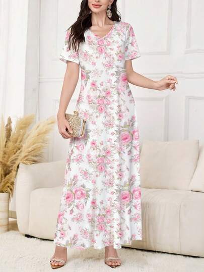 Al Najma Women's Elegant V-Neck Short Sleeve Floral Print Knit Dress, Suitable For Wearing As Outerwear Or Layering, Ideal For Dates, Vacations, Everyday, Casual, Parties, Holidays, Spring/Summer