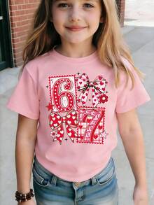 Áo thun ngắn tay cơ bản dành cho bé gái tuổi teen, phong cách thường ngày, sáng tạo, cá tính, tươi mới, tối giản với họa tiết chấm bi, số 67, nơ, trái tim, hoa, ngôi sao, thoải mái, phù hợp cho mùa xuân/hè, không khí lễ tình nhân. - Hồng - Xem 3