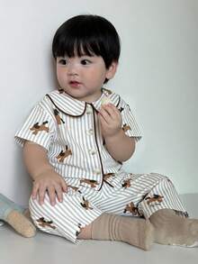 DAZY 2 piezas Conjunto de pijama para niños pequeños con camisa de manga larga con cuello vuelto a rayas y pantalones de ajuste holgado - Gris - Ver 3