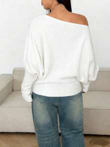 Sunnyshic Áo len dệt kim màu trơn, hở vai, gợi cảm, cỡ lớn - trắng - Xem 2