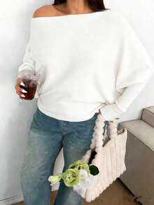 Sunnyshic Áo len dệt kim màu trơn, hở vai, gợi cảm, cỡ lớn - trắng - Xem 3