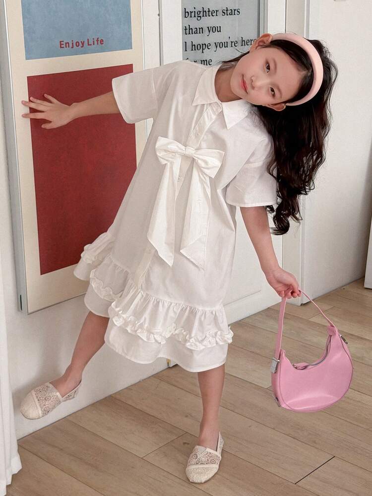 Tween Girls' Solid Color Drop Shoulder Short Sleeve Casual Dress With Bow Decor And Ruffle Hem Spring Summer