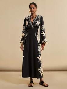 SHEIN Veneréa Women's V-Neck Printed Backless Split Flare Sleeve Dress, Beach Cover Up For Summer Vacation - Multicolor - View 4