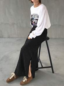 FRIFUL 女士泡泡纹理面料开衩下摆纯色半身裙 - 白色 - 查看 7