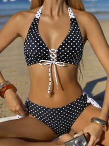 Swim Mod Women's Black Polka Dot Halter Tie Starfish Pendant Bikini Set, Beach Outfit - Black and White - View 1