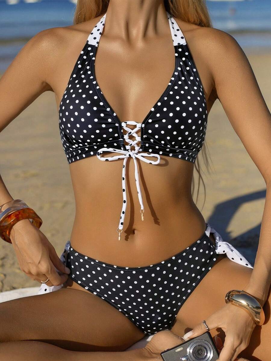 Swim Mod Women's Black Polka Dot Halter Tie Starfish Pendant Bikini Set, Beach Outfit - Black and White - View 1