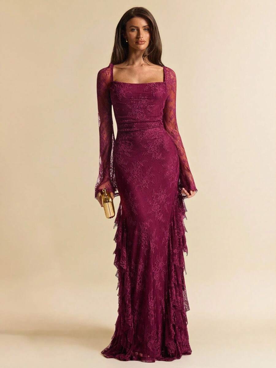 SHEIN BAE 酒红色长袖蕾丝方领褶皱优雅蕾丝连衣裙，适合鸡尾酒会、浪漫约会、聚会、伴娘礼服、情人节、女士夏季连衣裙、下午茶礼服、早午餐礼服、优雅连衣裙、红色蕾丝连衣裙 - 酒紅色 - 查看 1