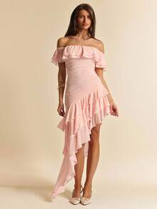 SHEIN BAE Đầm ôm sát màu hồng trễ vai, xếp ly, vạt bất đối xứng, thích hợp cho tiệc cocktail, hẹn hò lãng mạn, họp mặt, sự kiện trang trọng, đầm phù dâu, trang phục dạ hội, ngày Valentine, đầm mùa hè, bữa ăn sáng muộn, kỳ nghỉ biển. - Hồng - Xem 5