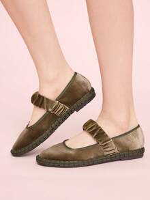 CUCCOO DOLLMOD Zapatos planos de estilo Mary Jane de terciopelo plisado elástico naranja brillante, elegantes y cómodos para mujer - Caqui / Verde - Ver 4