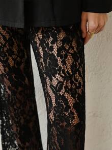 SHEIN Tall 女士优雅宽松双排扣长袖西装外套和喇叭蕾丝裤套装，春秋季黑色套装 - 黑色 - 查看 8