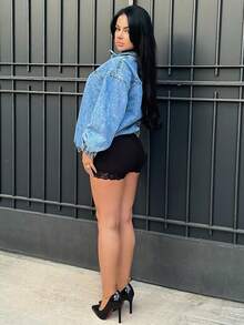 Vassilux 女士宽松休闲落肩半拉链牛仔夹克春秋 - 藍色 - 查看 3