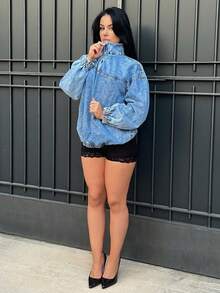 Vassilux 女士宽松休闲落肩半拉链牛仔夹克春秋 - 藍色 - 查看 6