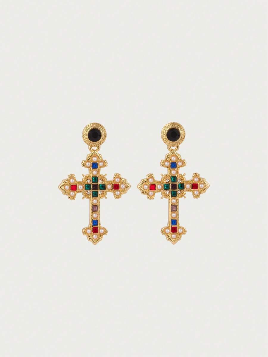Glisma 18K金十字架耳环，服饰，哥特风，复古，串珠，西部风珠宝，金属质感，宝石，秋冬款，适合妈妈/女士/女孩/母亲，高档，复古，十字架 - 彩色 - 查看 1