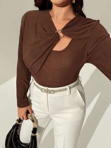 Auralis Áo thun dài tay dáng ôm, chất liệu mềm mại, bất đối xứng, điểm nhấn là khóa kim loại rỗng, phù hợp cho các buổi hòa nhạc, biểu diễn, hẹn hò, gợi cảm, đi làm, thanh lịch lãng mạn, công sở, phong cách nàng tiên cá, dự tiệc sinh nhật, màu nâu sô cô la mùa xuân. - Rỉ Nâu - Xem 5