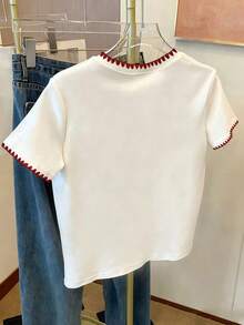 1pc Tween Girl Letter & Cherry Blossom Print Embroidery Decor Short Sleeve Casual T-Shirt, Loose Fit, Cute & Versatile, Suitable For Spring & Summer