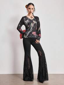 ROMWE Avant Camiseta ajustada con caracteres chinos y adornos de strass vintage Y2K - Negro - Ver 6