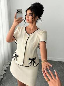 Elenzga Plus Size Spring/Summer Button Bow Contrast Color Short Sleeve Top And Mini Skirt 2 Piece Set, Elegant - Multicolor - View 3