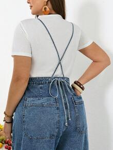 SHEIN CURVE+ 大码纯色休闲连体裤，春夏嘉年华服装，通勤度假毕业时尚Y2K可爱街头风派对婚礼优雅商务休闲女装，大码牛仔背带裤，休闲宽松阔腿连体裤，可调节肩带带口袋，浅蓝色 - 藍色 - 查看 3