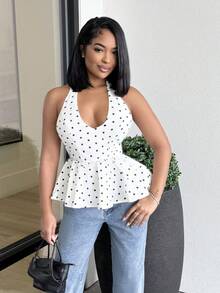 Alexandranx 时尚性感圆点印花露背吊带上衣 - 白色 - 查看 4