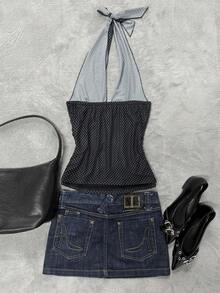 Glimmora Women's Polka Dot Print Halter Neck Camisole - Black - View 2