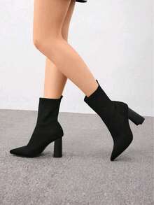 ISPORTE Elastic Booties For Women, With Thick Heel And Thin Toe, Made Of Elastic Fabric. Perfect For Valentine's Day, Graduations, End-Of-Year Parties, Vacations, Christmas And New Year's. - 黑色 - 查看 7
