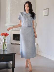 DAZY 女士优雅图案口袋衬衫和直筒裙两件套，春夏款 - 藍色 - 查看 4