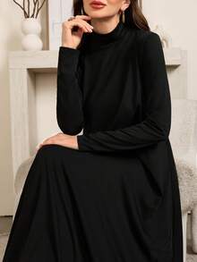 Al Najma 女士保守黑白高领针织长袖打底衫及阿巴雅长袍套装，端庄休闲T恤阿拉伯连衣裙，阿巴雅内衬连衣裙，必备基础款长裙 - 卡其色 - 查看 8