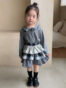 DAZY Toddler Girls' Peter Pan Collar Bow Print Short Sleeve T-Shirt Top, Spring/Summer