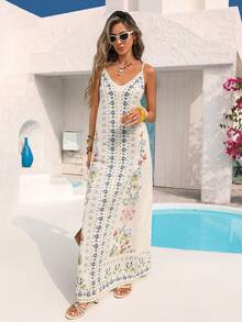 Vivid Eden V领露背休闲纹理面料连衣裙，适合女士外出和度假穿着 - 杏色 - 查看 5