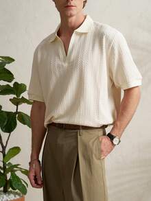 Airaco Men's Solid Color Textured Collar Short Sleeve Casual Versatile T-Shirt - Beige - View 1