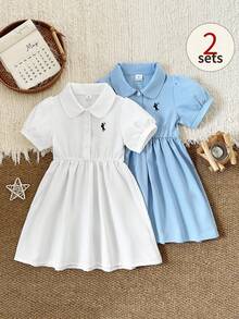 Playful Pals 两件套女童条纹短袖刺绣连衣裙，粉色和蓝色，可爱时尚的夏季套装 - 彩色 - 查看 8