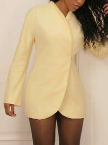 Yess Loren 高领合身束腰西装外套仅限可爱约会之夜外出秋季圣诞夜外出工作办公室返校干净利落冬季派对 - 黃色 - 查看 5