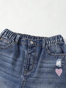 SHEIN Quần short denim dáng rộng, cạp chun, màu xanh bạc phai, thêu hình ngôi sao, phong cách đường phố Y2K dành cho bé gái tuổi teen. - Rửa trung bình - Xem 6