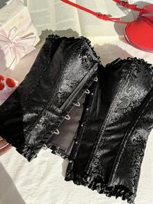 SHEIN EZwear Plus-Size Women's Jacquard Front-Button Ruffle Bow Embellishment Valentine's Day, Date, Fashionable Strapless Fishtail Top - Black - View 6