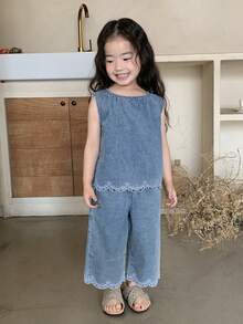 DAZY 2件套女婴水洗浅色韩版衬衫和宽松休闲牛仔裤套装 幼儿女童服装 - 藍色 - 查看 1