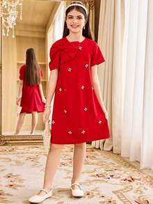 SHEIN Đầm thun ngắn tay màu trơn, đính đá 3D, nơ, kiểu dáng thanh lịch, cao cấp dành cho bé gái tuổi teen, thích hợp mặc đi làm. - Đỏ - Xem 6