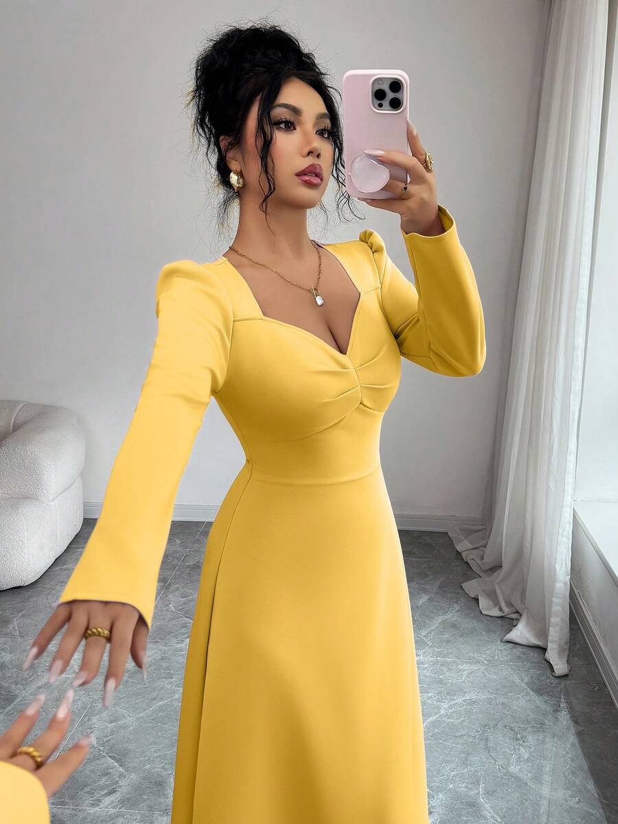 Modelyn Women's Puff Sleeve A-Line Dress - Yellow - View 1