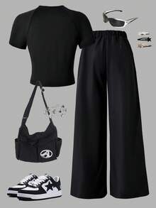 Sparklyn Bộ 2 món áo thun và quần dài nữ tuổi teen, in hình ngôi sao trắng trên ngực, dây rút trang trí màu trắng, thích hợp cho đi dạo, mua sắm, đi học, có thể phối cùng áo khoác hoặc áo vest. - trắng - Xem 2