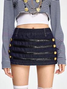 ROMWE Grunge Punk Falda vaquera de cintura baja con decoración de botones de bronce estilo palacio retro Y2K - Azul - Ver 4