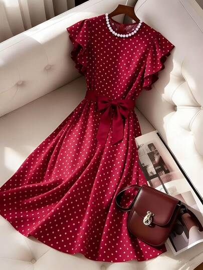 GlowEve Women's Pearl Decor Round Neck Polka Dot Pattern Waist Tie A-Line Elegant Everyday/Vacation/Commute Fashion Valentine's Day Date French Street Retro Versatile Party Wine Red Polka Dot Early Spring/Spring-Autumn Short Sleeve Midi Dress