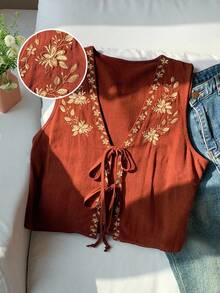 SHEIN Young Girl Burgundy Brown Fashion Bow Tie Collar Floral Embroidered Elegant Tank Top - Rust Brown - View 3