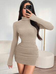 SHEIN PETITE Women's Solid Color High Collar Long Sleeve Minimalist Casual Short Dress Women Long Sleeve Dress Women Sexy Dress Skin Tight Dress Turtle Neck Dress Women Bodycon Dress - Apricot - View 5