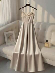 Franclia Minimalist Sleeveless Studded Jumpsuit For Women,Elegant Summer Beige Satin Dress,Champagne Formal Dining Pearl Dress,Classy Ivory White Silk Dress - Apricot - View 2