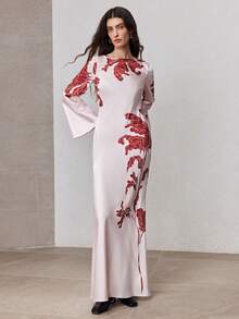 ZEYLAH Slanted Print Fitted Off-Shoulder Flare Sleeve Dress, Spring - Pink - View 4